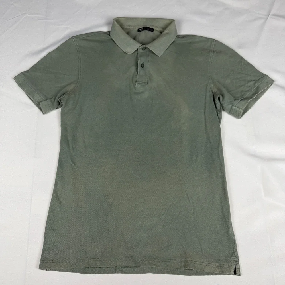 Zara Mens Pique Polo Shirt Short Sleeve Sage Green Faded Wash Size Medium